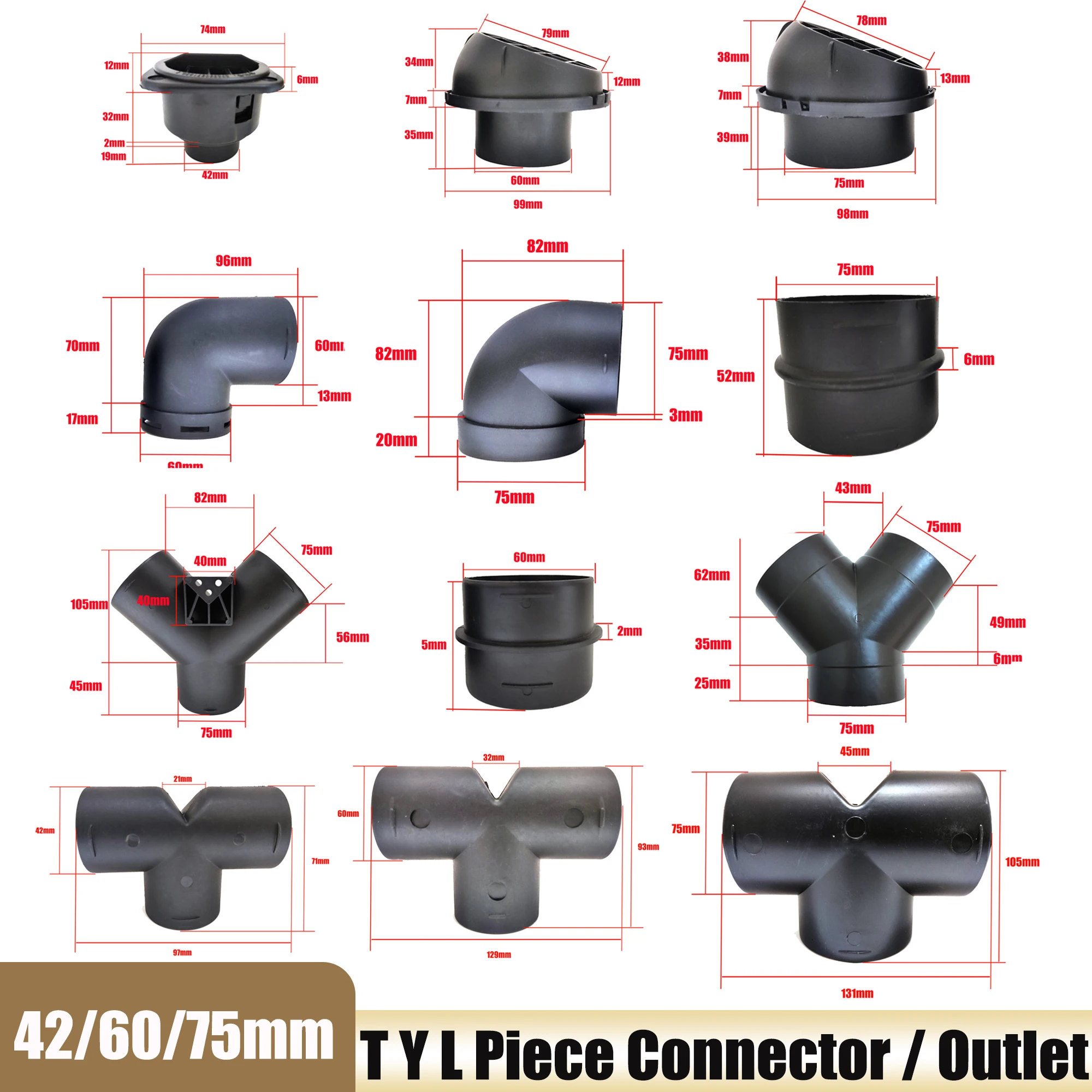 Air Vent Ducting T Y Piece Elbow Pipe Outlet Heater Duct Exhaust Connector joiner 42/60/75mm For Webasto Diesel Parking Heater