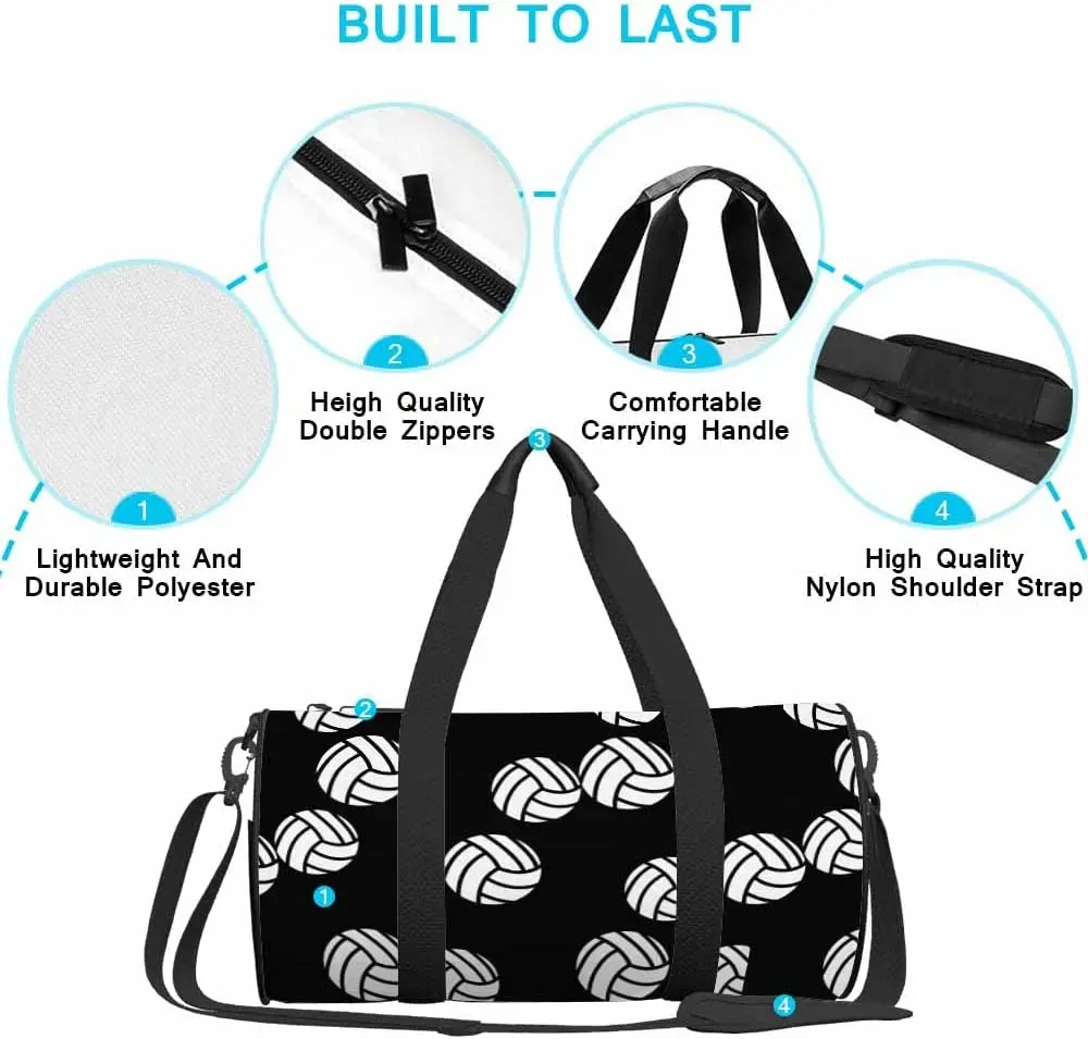 Volleyball Black Travel Duffel Bag Sport Symbol Lightweight Sports Tote Gym Bag Shoulder Weekender Overnight for Men Women