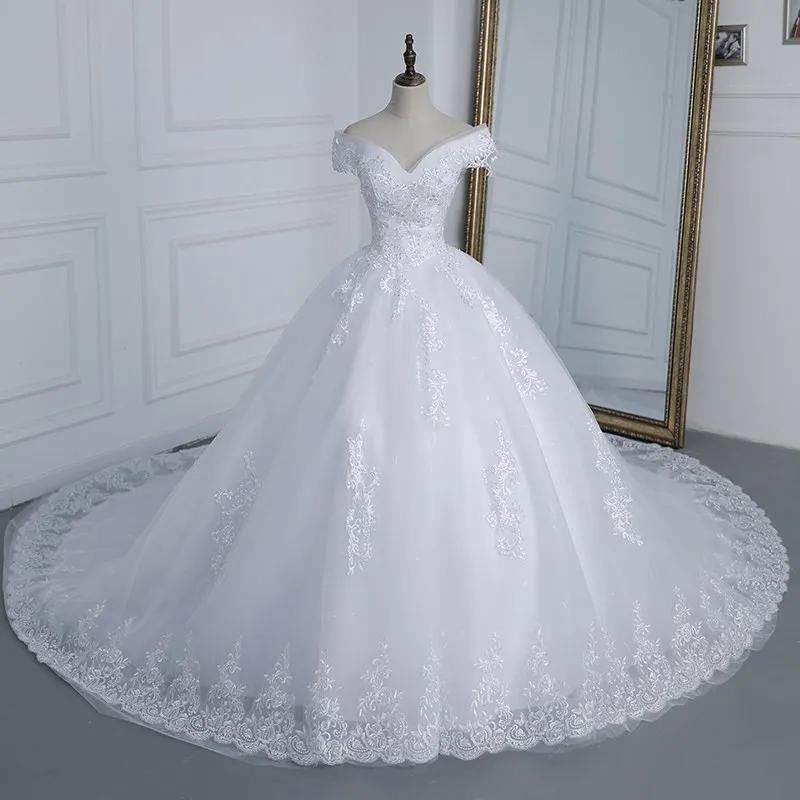 

Off Shoulder Plus Size Lace Wedding Dress 2023 New Robe De Mariee Appliqes Pearls Bridal Tulle Bridal Dress Vestido De Noiva