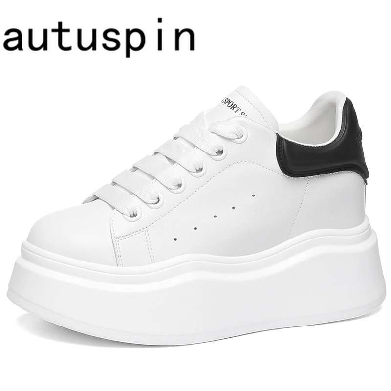 

AUTUSPIN 6cm Chunky Shoes for Women Genuine Leather Lace Up Vulcanized Sneakers Spring Fashion Casual Non Slip Platform Sneaker