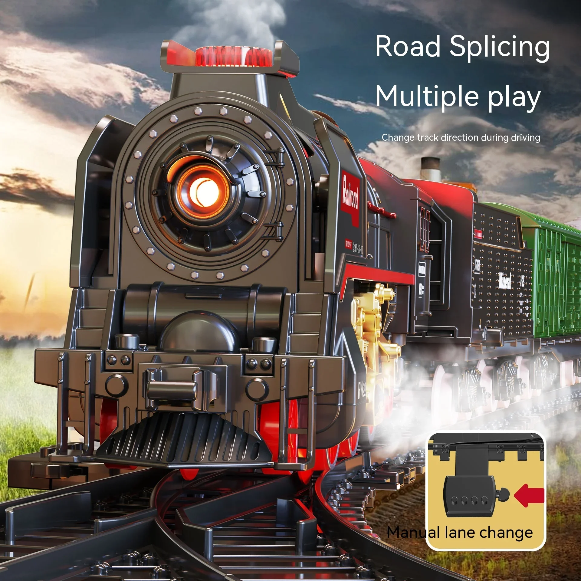 Retro Steam Train Track Suit Simulation Electric Spray Light Small Train Model Boy Gift Toy