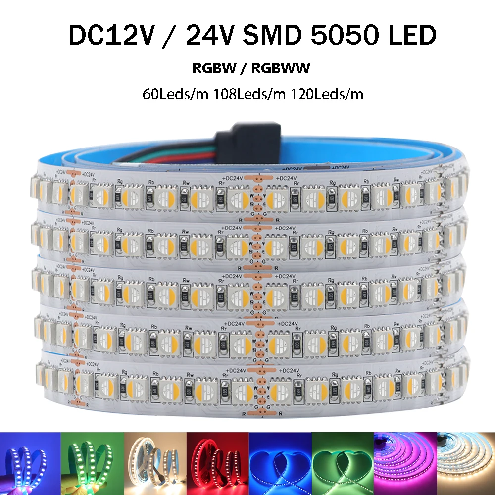 

5m 12V 24V SMD 5050 LED Strip Light 60Leds/m 108Leds/m 120Leds/m Flexible Decoration Lighting IP20 LED Tape RGBW RGBWW 12mm PCB