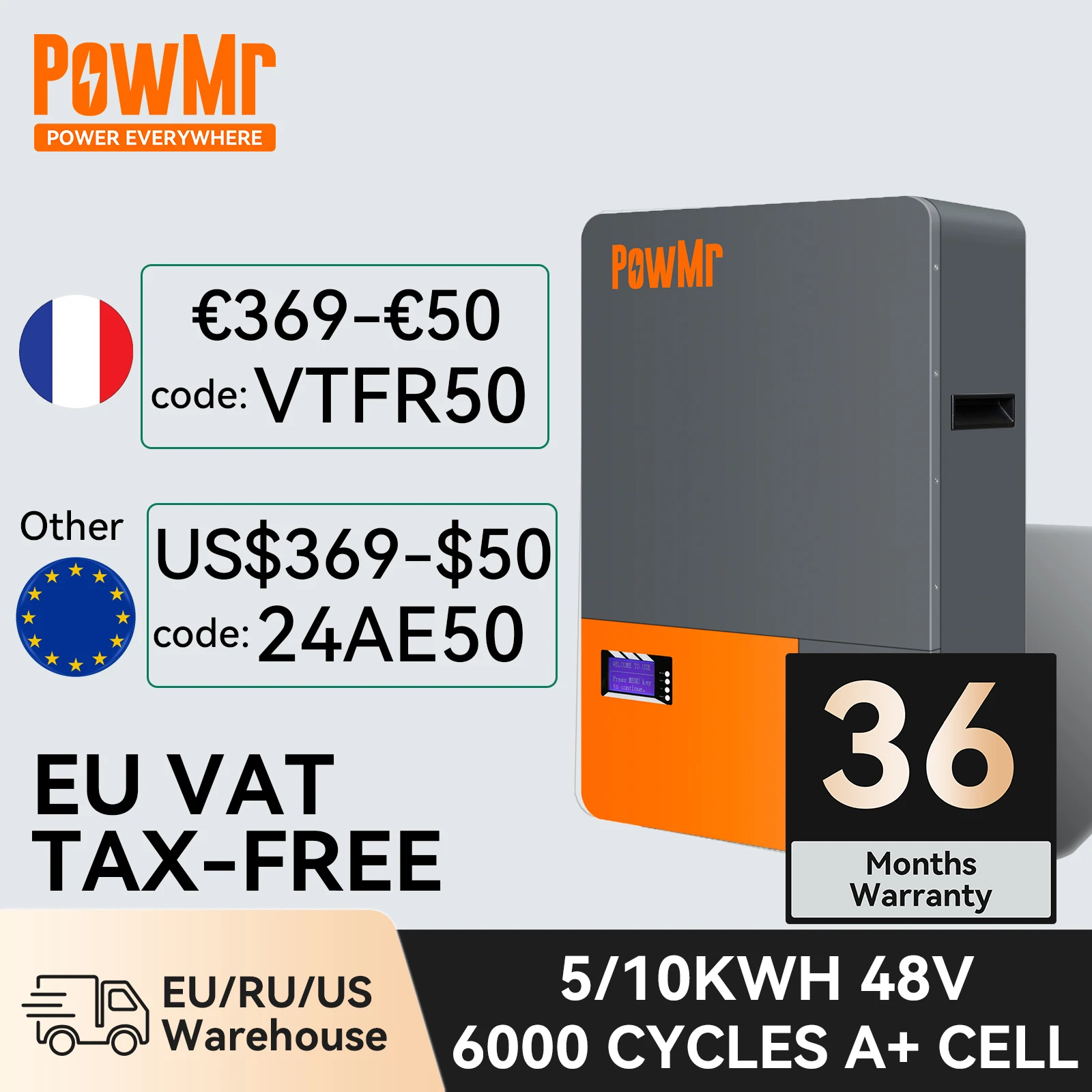 Powmr Lithium Powerwall 48V 10Kwh 5Kwh Lifepo4 Battery Pack 6000 Tempi Di Ciclo Can Rs485 Bms Communication Can Parallel In 15 Unità