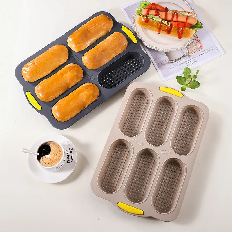 6 Cavity Silicone Bread Loaf Pan Hot Dog Bread Cake Tray Non-Stick Bread Pan Heat Resistant Silicone Mould Kitchen Baking Tools