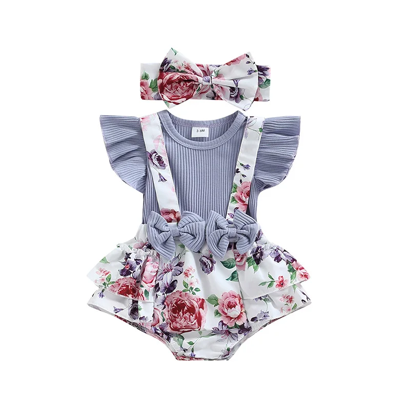 

Newborn Baby Girl's Bodysuit Ruffle Sleeve Bowknot Decorated Floral Printed Patchwork Bodysuit Headband Summer Clothes