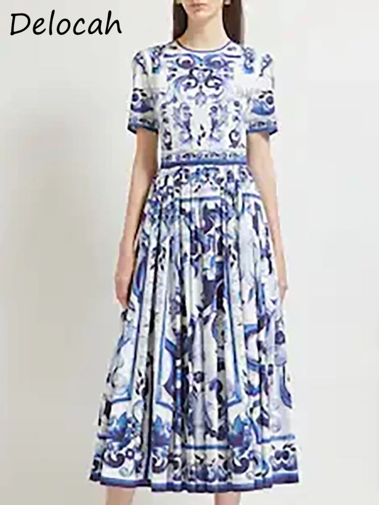 

Delocah высокого качества; Сезон лето; Модные дизайнерские качественные женские вечерние платье миди с короткими рукавами белого и голубого цвета с узором, как на фарфоровой посуде; Платья трапециевидной формы
