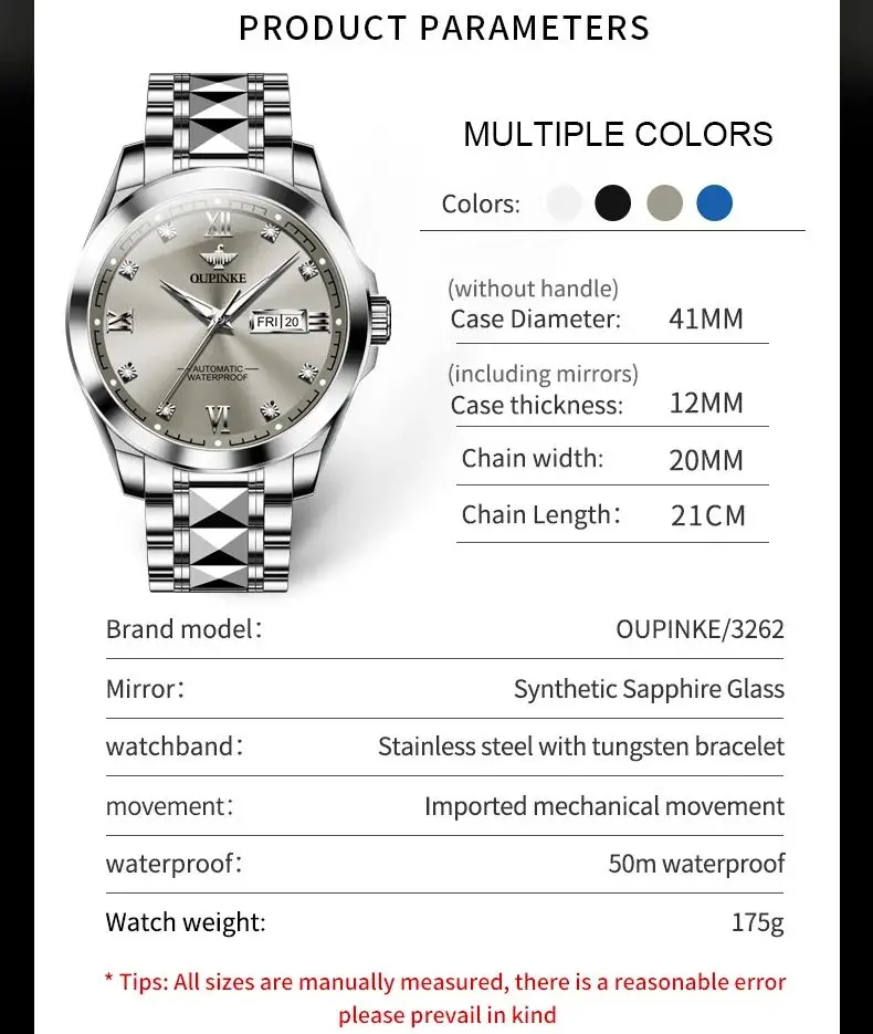OUPINKE 3262 Mechanical Watch For Men Luxury Original Dual Calendar Waterproof Man Wristwatch Diamond Scale Business Dress Watch