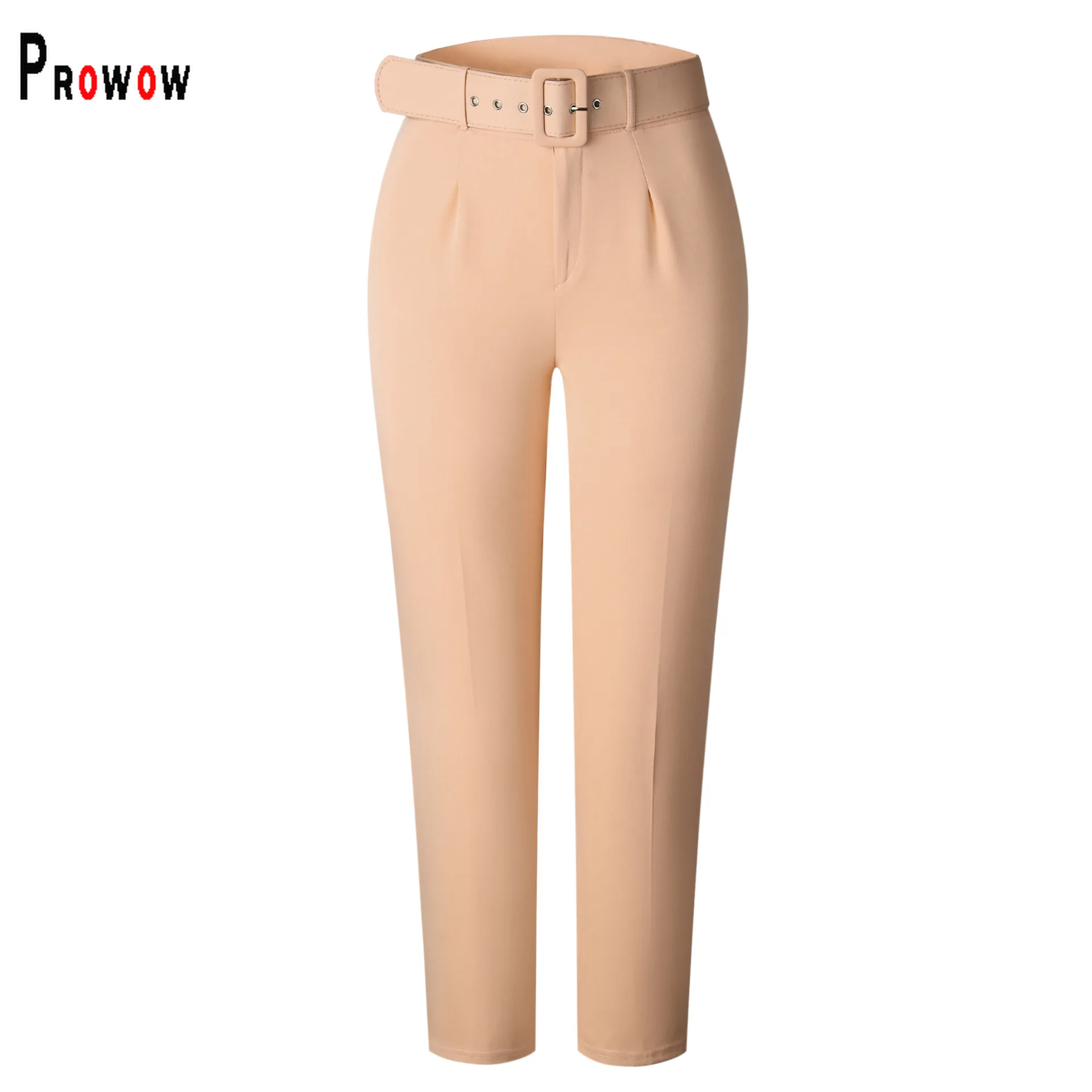 Prowow Women's Pant Solid Color Slim Fit Office Lady Trousers with Belt High Waisted Zipper Straight Female Clothing Bottoms