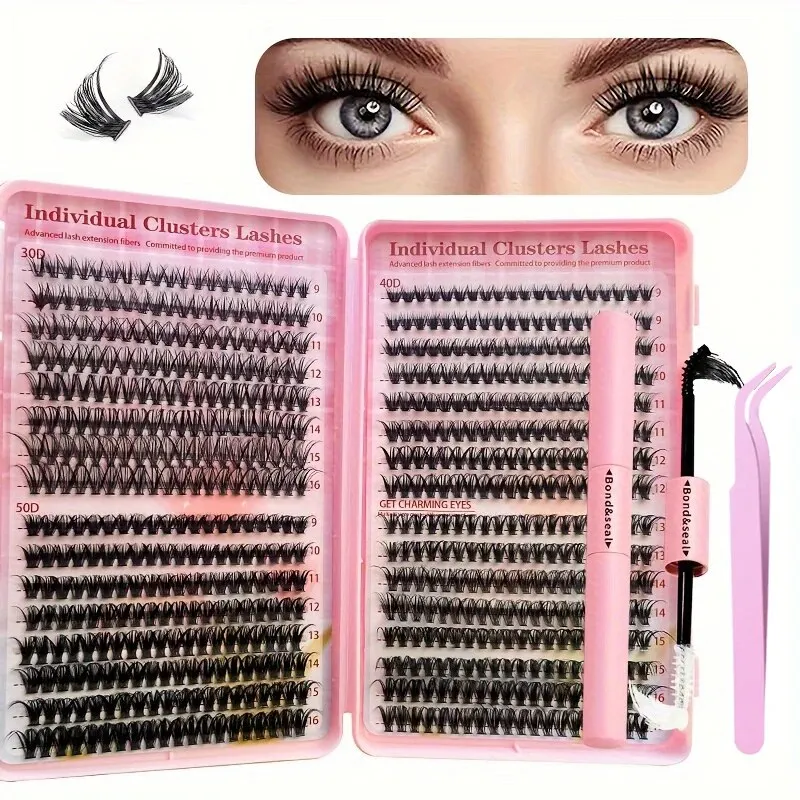 Lash Extension Kit Eyelash Set Fake Eyelashes 640Pcs Eyelash Extension Kit 304050D Lash Clusters D Curl 9-16mm Individual Lashes Kit With Bond And Seal Tweezers And Brush