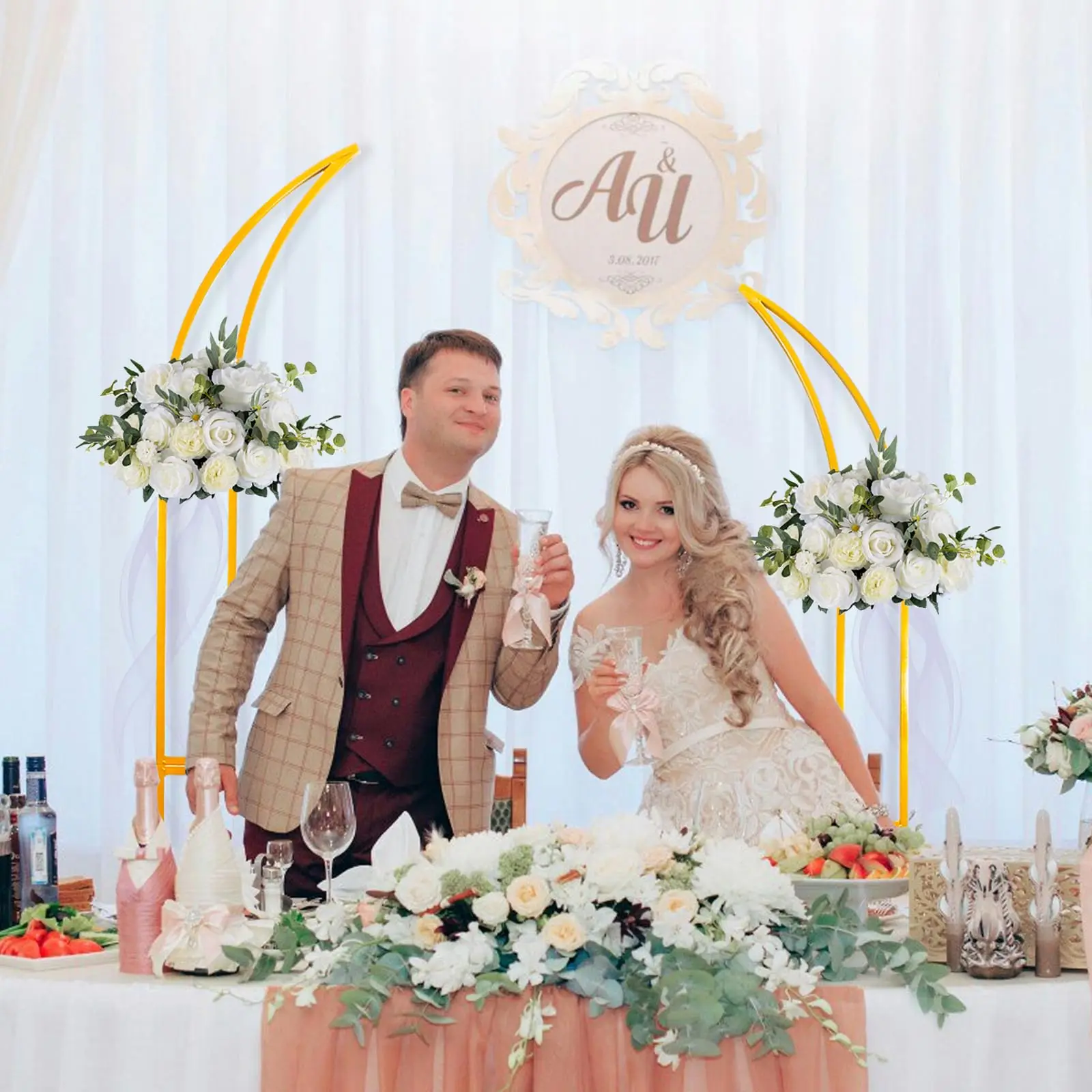Vincidern Set di supporto e copertura per archi nuziali (2,7 m, 1,8 m, 1,8 m), 3 supporti ad arco in metallo dorato, 3 coperture per arco in spandex bianco per feste, compleanni