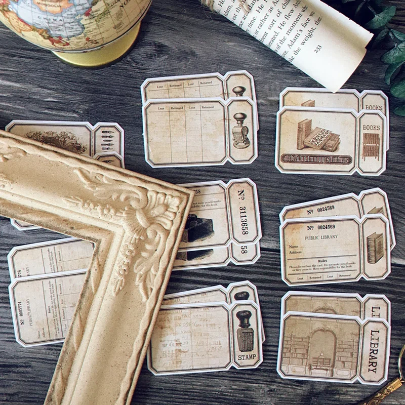 16Pcs Library Book Tag Vintage Stickers Junk Journal Ephemera Retro Label DIY Album Aesthetic Stickers Scrapbooking Material