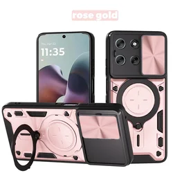 Enhanced Metal Ring Camera Protect Case with Rotating Holder and Armor Design for Vivo iQOO Z10 Turbo (Rose Gold)