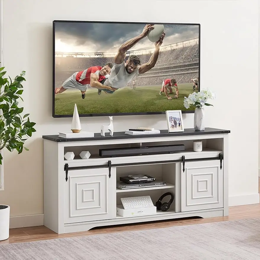 

Okvnbjk Tall TV Stand for 75+ inch TV, 66" Farmhouse Entertainment Center w/Adjustable Shelves and Sliding Barn Doors,