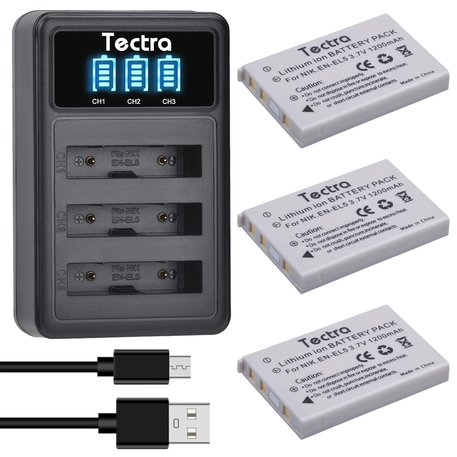 En-El5 Batterie Enel5 + Caricatore Usb A 3 Slot Led Per Nikon Coolpix P3, P4, P90, P80, P100, P500, P510, P520, P530, P5000, P6000