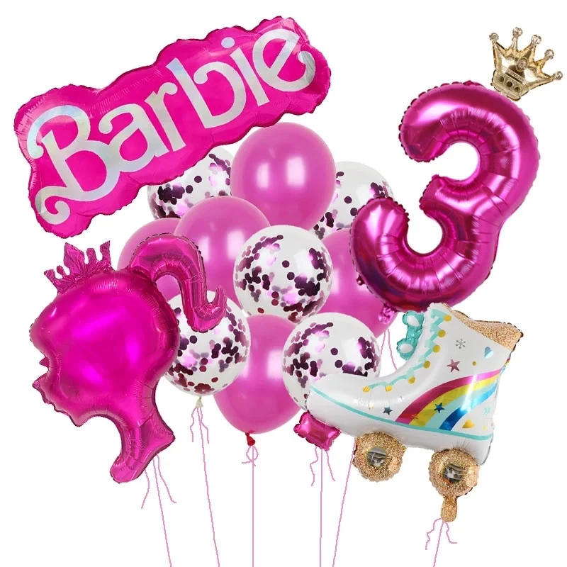 thumbnail image 1 of Juego de 15 globos de tacón alto con temática de muñeca Barbie rosa para niñas Barbie de 1 a 9 años, suministros de decoración para fiestas de cumpleaños con globos de aluminio digitales, 1 of 5