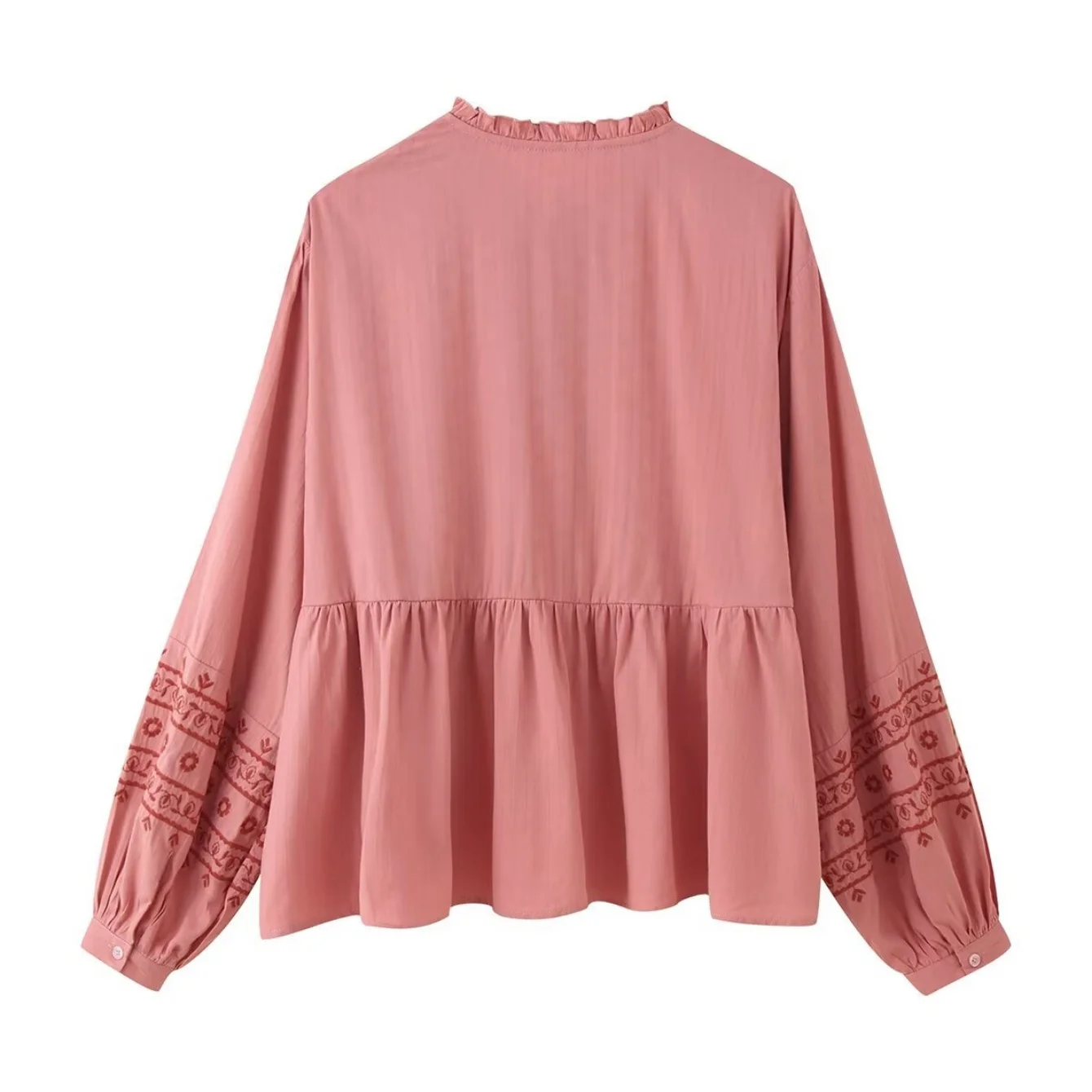 Women Spring Autumn Holiday Style Shirt Female Lace-Up Ruffled V-Neck Long-Sleeved Boho Embroidered Loose Blouse Casual Beach To