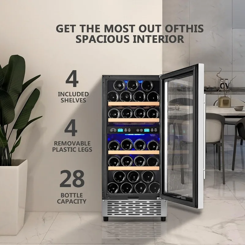 Dual Zone 15 Inch Wine Cooler, 28 Bottle Wine Fridge with Stainless Steel Tempered Glass Door, Fit Red & White Wine,Built-in or 4