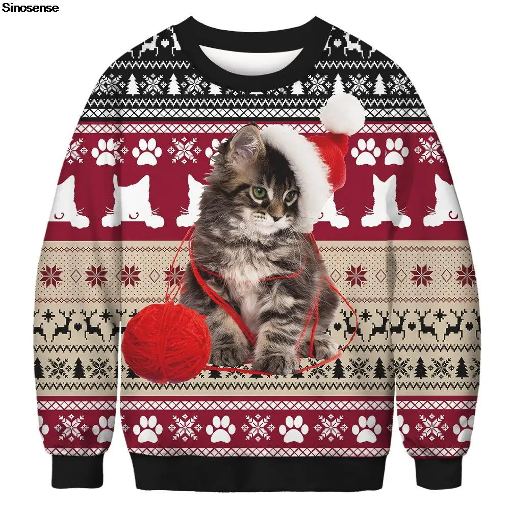 

Men Women Ugly Christmas Sweater 3D Funny Cats Play With Wool Ball Print Autumn Winter Holiday Party Sweatshirt Xmas Jumper Tops