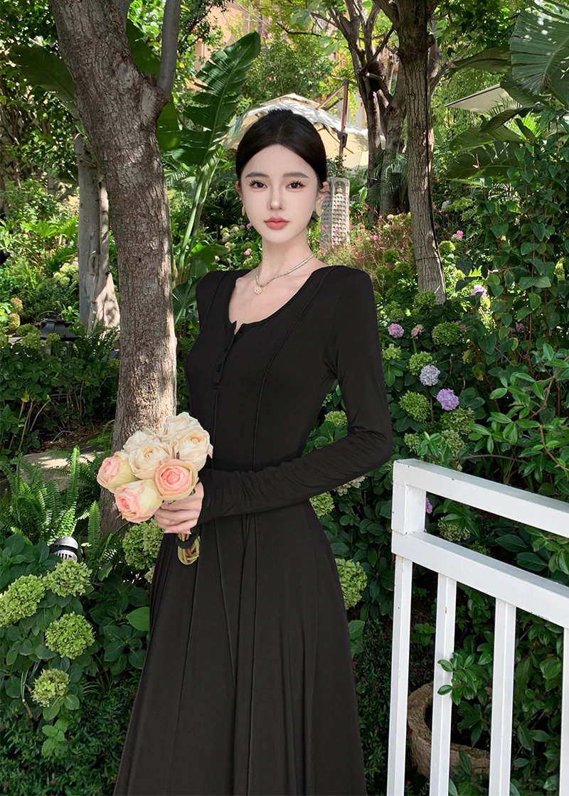 Casual Knitted Dresses for Women Long Sleeves Square Collar A-line Autumn Maxi Dress Korean Fashion Solid Vestidos Mujer New
