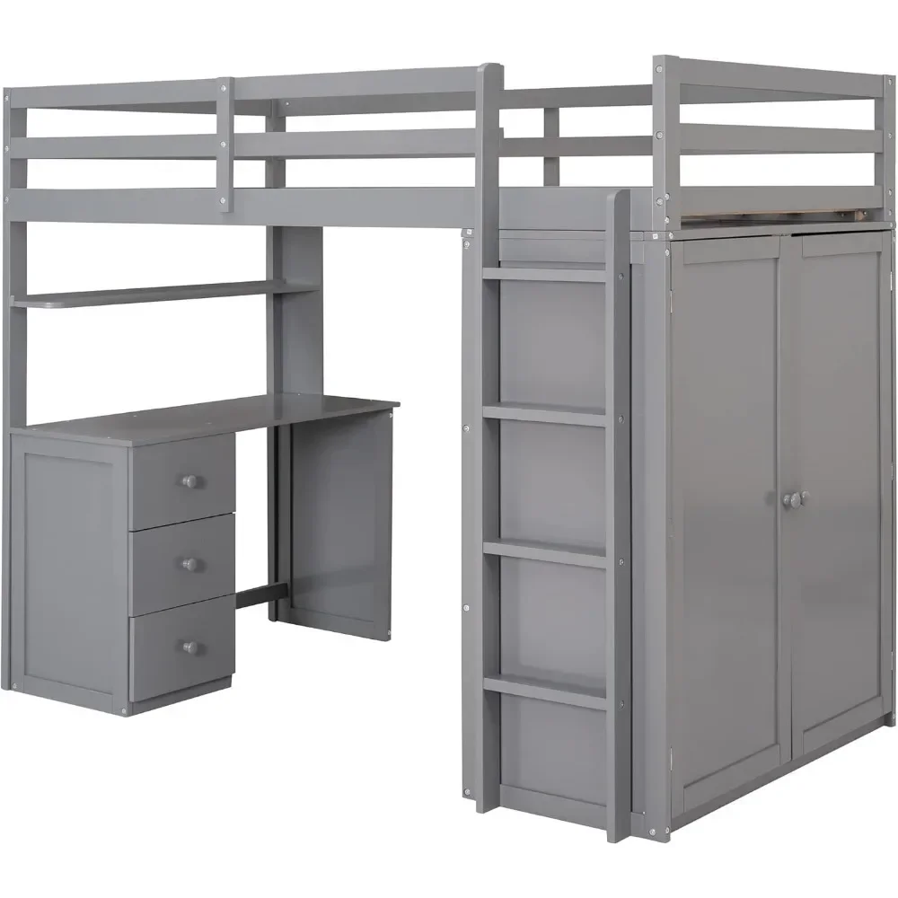 Twin Size Loft Bed Solid Wooden Loft Bed Frame with Drawers,Desk,and Wardrobe & Safety Guardrail for Kids, Boys and,GirlsTeens 6