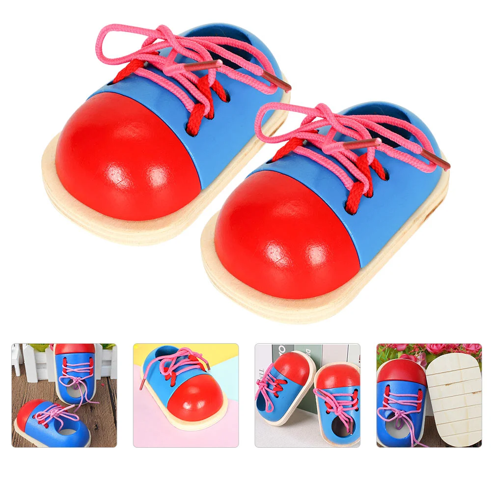 

2pcs Tie-up Shoes Toy Wooden Lacing Shoe Toy Kid Shoe Tying Teaching Toy