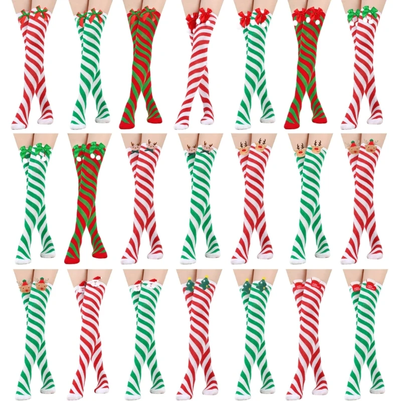

Long Striped Socks Christmas Thigh High Socks Women Cosplay Party Bow Stockings