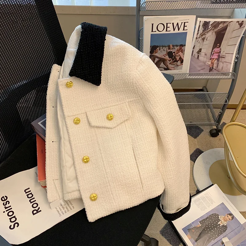 Korean Cropped Tweed Jacket Women 2023 Spring Autumn Turn Down Collar Vintage Outwear Ladies Office Work Single Breasted Coat