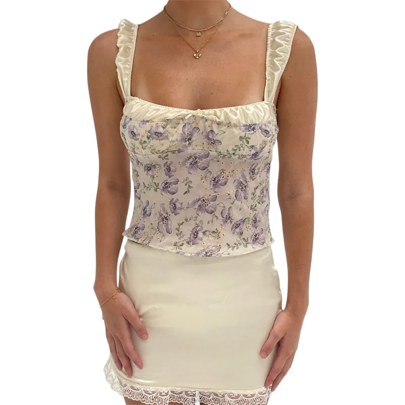 

Summer Outfits Ladies Fairy Streetwear Bodycon Skirt Suit Patchwork Floral Backless Crop Tops and Lace Trim Mini Skirts Women