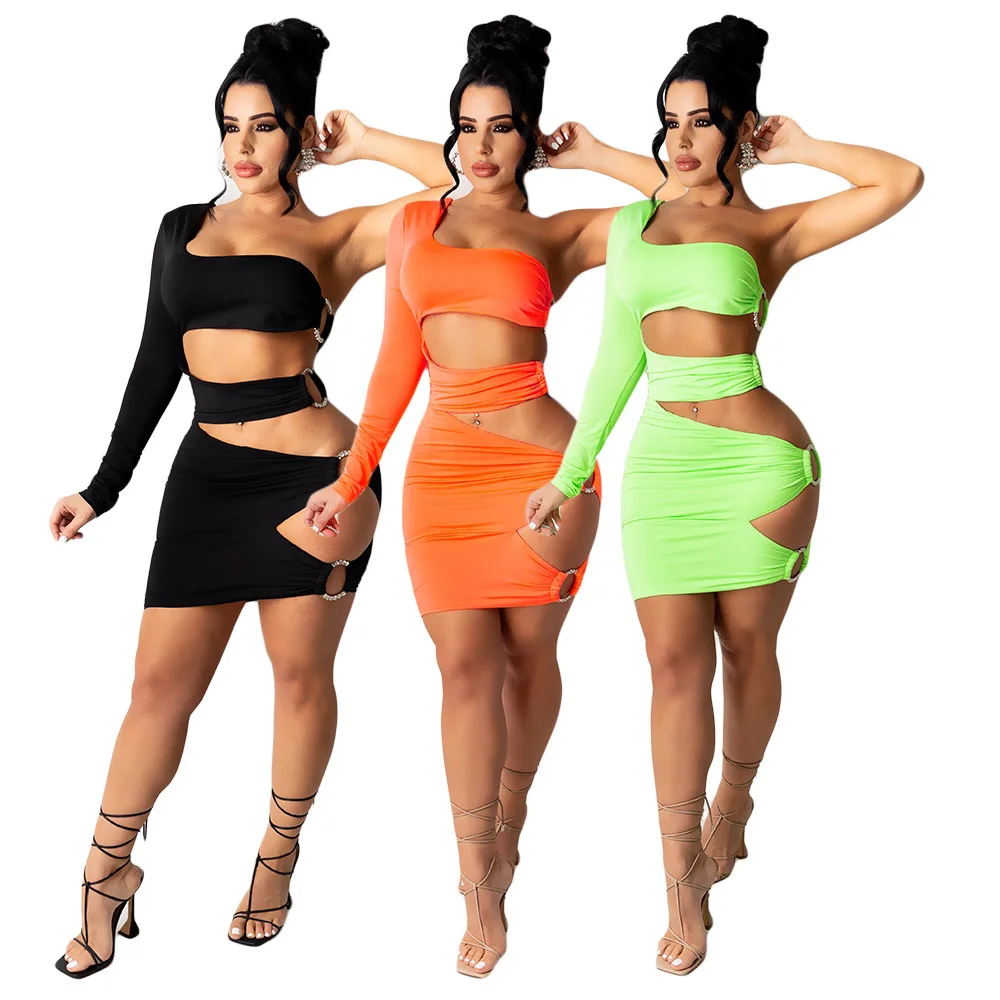 

BKLD Sexy Fashion Diamond Ring Patchwork Hollow Out Women Clothes Nightclub Dress One Shoulder Long Sleeve Bodycon Short Dresses