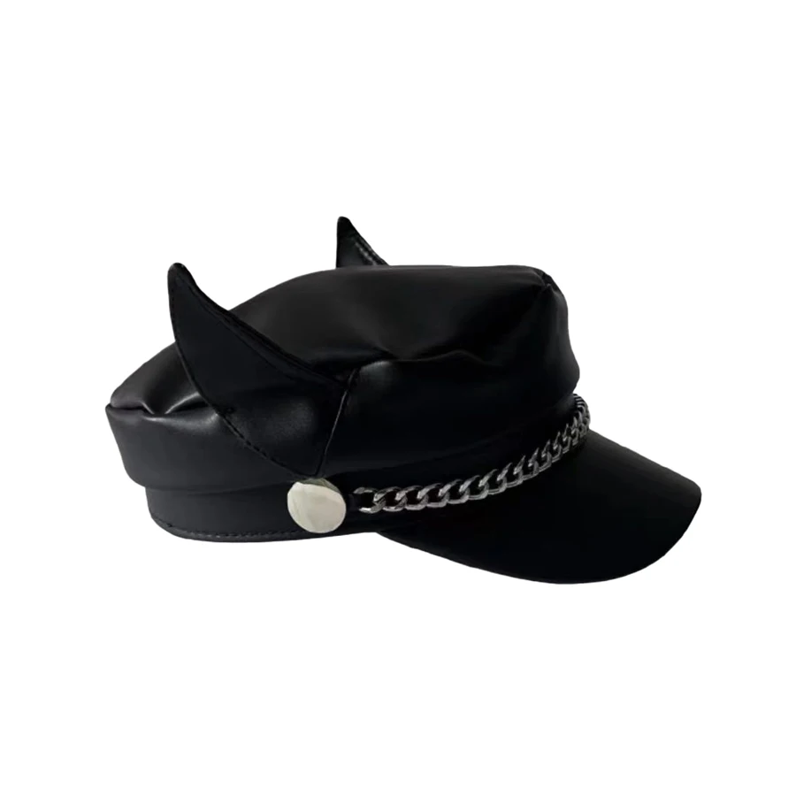 Designer Chain Dog Ears Women Autumn Winter PU Leather Personalized Trendy Street Black Octagonal Hat