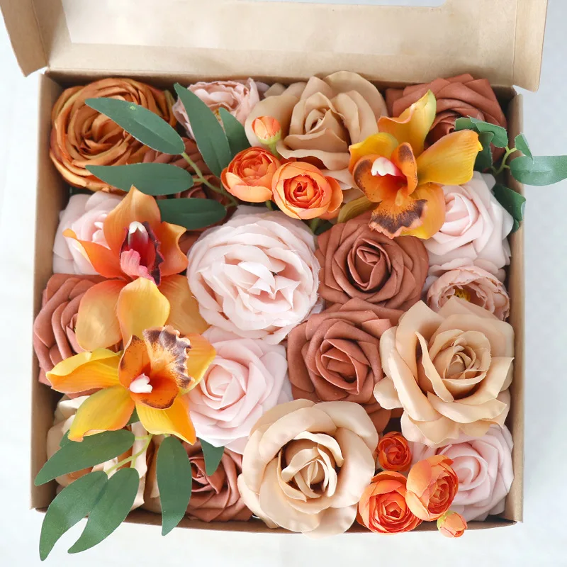 Yannew Burnt Orange Künstliche Rosen Blumen-Combo-Box-Set für DIY Herbst Herbst Boho Hochzeit Brautstrauß Arrangement Dekoration – Detail 13