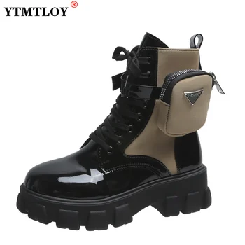 New Botas Women Motorcycle Ankle Boots Wedges Female Lace Up Platforms Spring Black Leather Oxford Shoes Women  Botas Mujer Bag 1