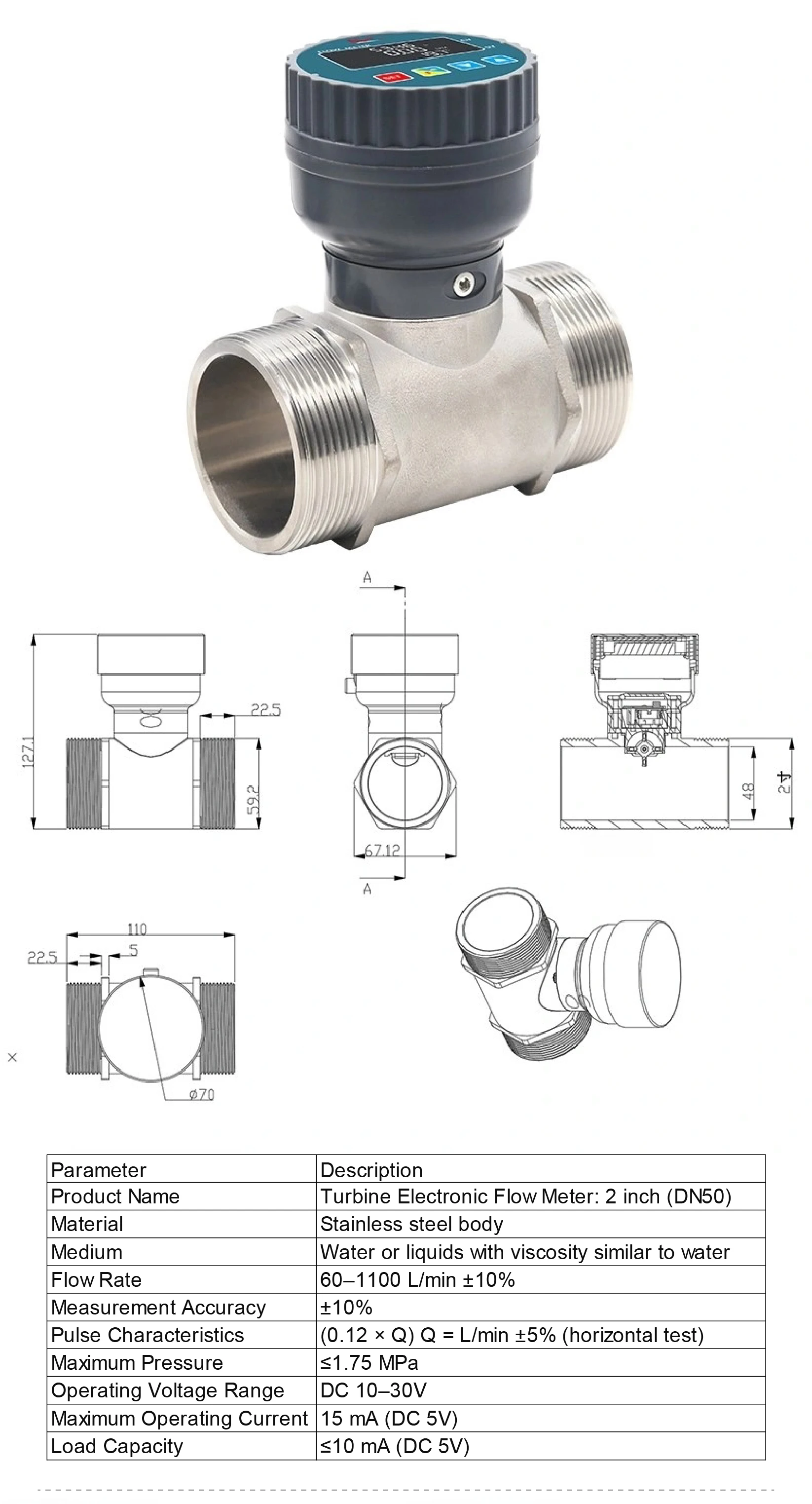 SUS-LCD Digital Stainless Steel LCD Flow Meter 5-1100L/min DN15-50 DC10-30V RS48