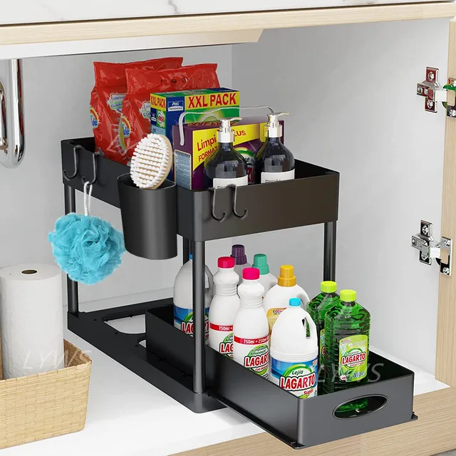 2 Tier Under Sink Organizer Sliding Cabinet Basket Organizer Storage Rack with Hooks Hanging Cup Bathroom Kitchen Organizer 2