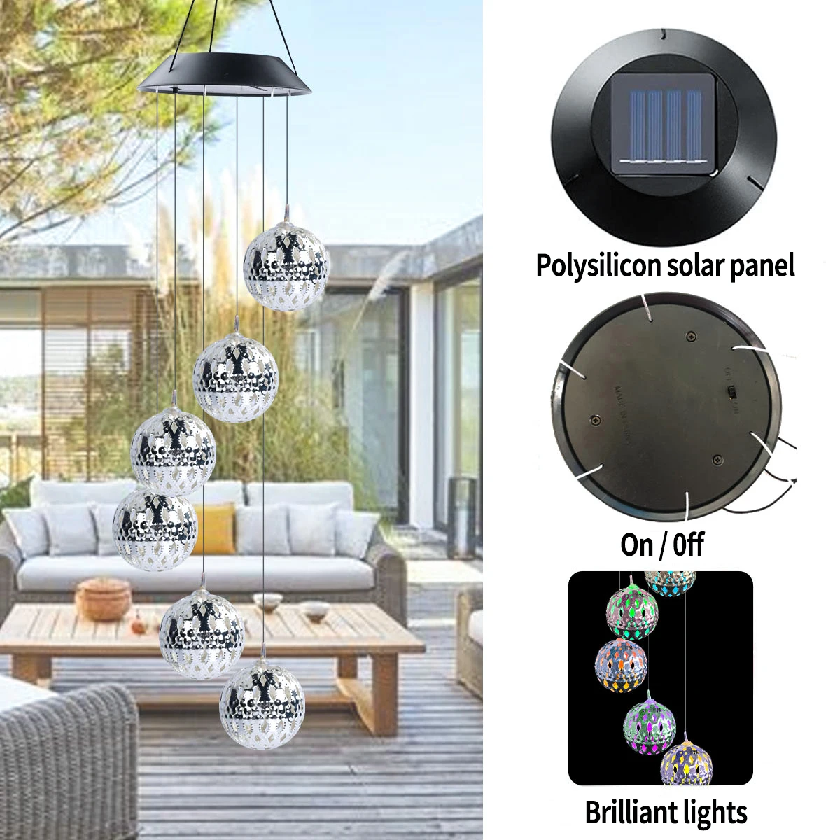 Solar metal flower ball wind chime lamp hanging wind chime lamp home courtyard decoration hanging decoration, home decoration,