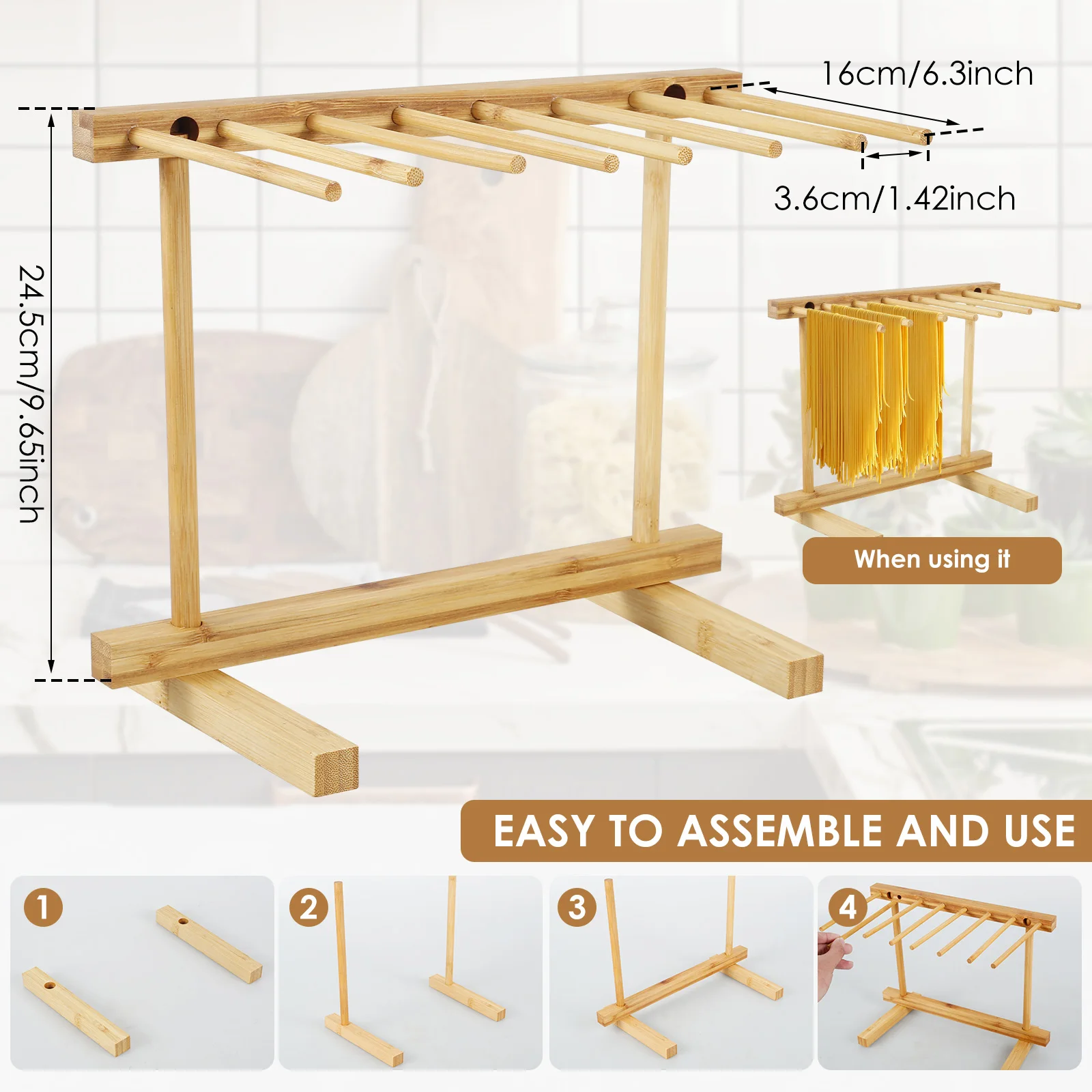 1Pc Pasta Drying Rack Wooden Noodle Drying Rack with 8 Bar Detachable Pasta Dryer Stand Portable Noodle Hanging Rack for Kitchen