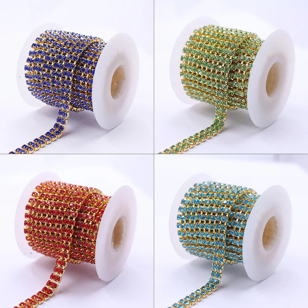 1-3 Yards SS12 Gold Claw Rhinestones-Kette, glänzende Kristallsteine, 2-reihige Ketten zum Aufnähen, Strass-Kette für Kleidung und Bastelarbeiten