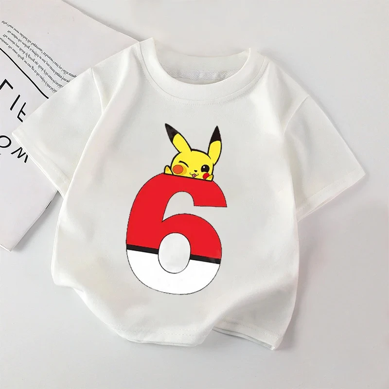 Poke Ball Red Number T Shirt Pokemon Pikachu Birthday Cotton T Shirt Baby Boy Girl Tees Top Anime Cartoon Infant Summer Clothes