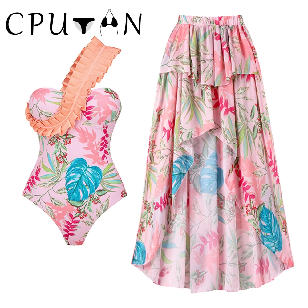 

CPUTAN 2024 Sexy 3D Flower One Shoulder Push Up One Piece Swimsuit Skirt Swimming suit Print Swimwear Women Bathing Suit Dress