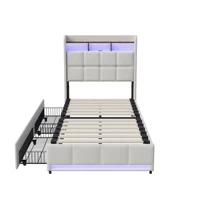Lit avec bande lumineuse LED 90x200cm, lit double en tissu lin avec tiroirs, 2 ports USB et port de charge Type-C, cadre rembourré (matelas non inclus), gris/beige 3