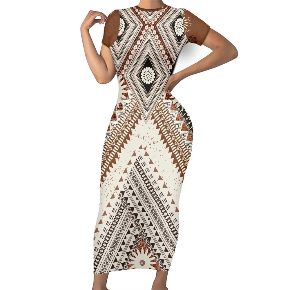 Casual Summer Short Sleeves O-neck Bodycon Custom Maxi Dresses Polynesian Island Samoa Traditional  Fijian Tribal Design Dress