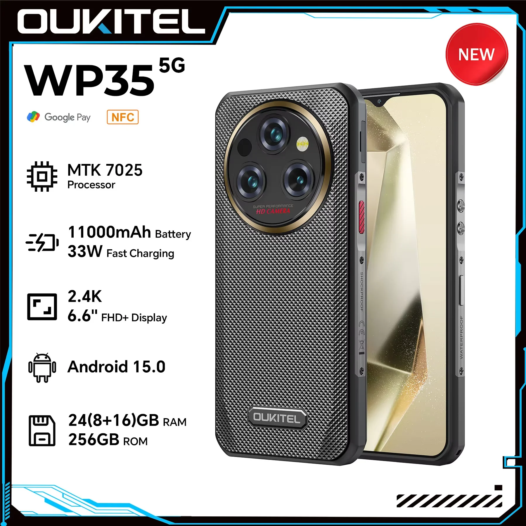 Oukitel WP35 ラギッドフォン MTK 7025、5G、11000mAh、6.6 Oukitel WP35 ラギッドフォン MTK 7025、5G、11000mAh、6.6