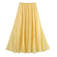 HXAO Pleated Long Skirt Woman Spring Summer Elegant Women's Skirts Fairy Tulle Midi Skirt High Waist Ruffled Yellow Skirt 088 - Image 2
