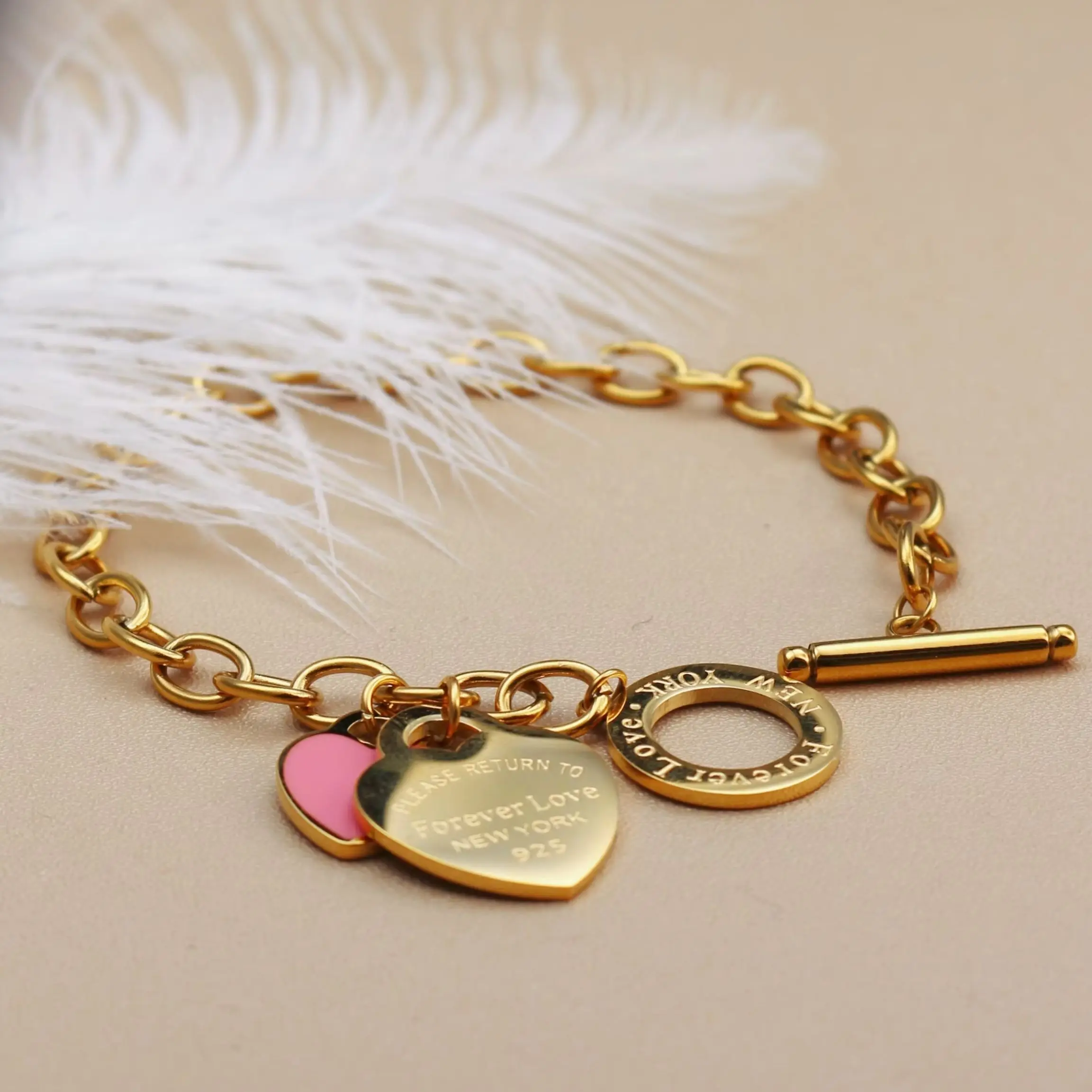 074Fashion Stainless Steel Gold Color Bracelet Double Heart Pendant Design FOREVER LOVE Women's Jewellery Bangle Wholesale Gifts 1