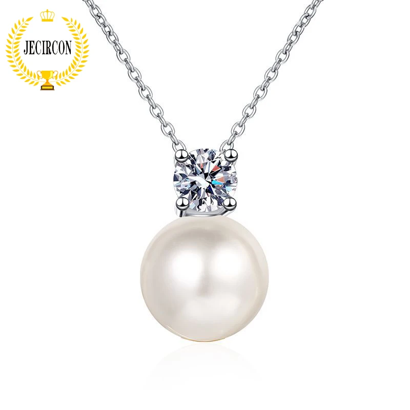 

JECIRCON D Color 0.3ct Moissanite Necklace for Women Trendy 8mm Natural Pearl Pendant 925 Sterling Silver Wedding Fine Jewelry