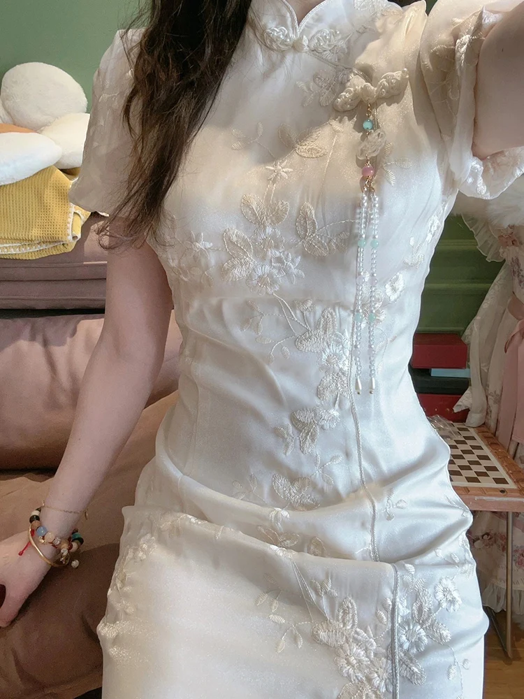 

Super Quality Chinese Style Advanced Embroidery Improved Cheongsam Dresses Women's Summer New Bubble Sleeve Slit Dress