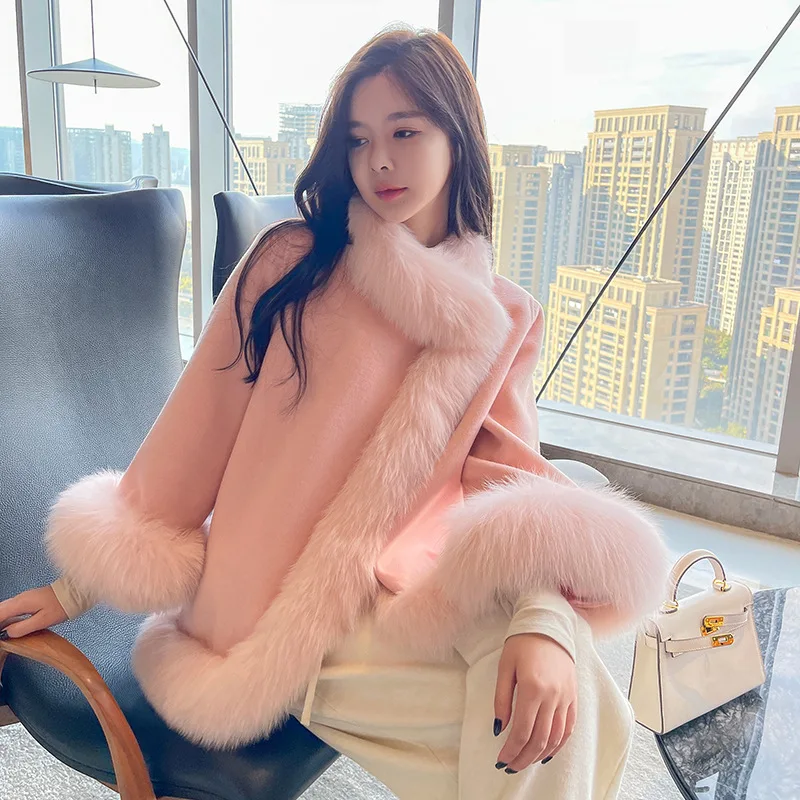 2023 Winter Cashmere Coat Chinese Style Fox Faux Furry Double-Sided Wool Loose Cape Warm Long Sleeved Jacket Women's Clothing