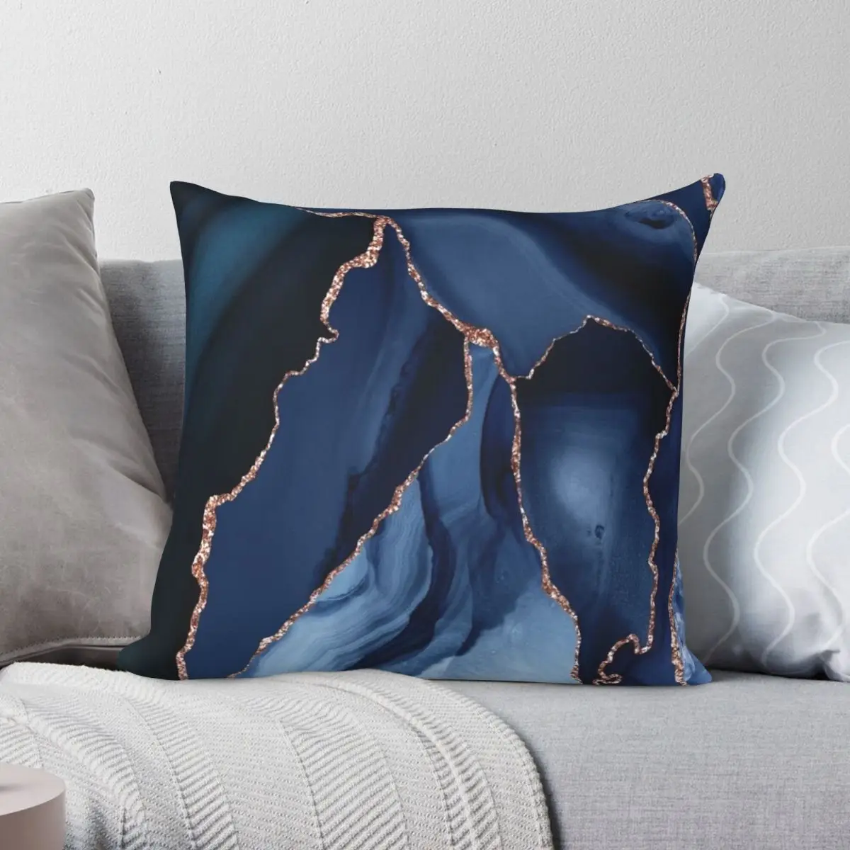 Luxurious Navy Deep Blue Rose Gold Shimmer Pillowcase Polyester Linen