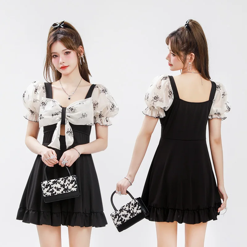 

Cover-up Women Patchwork Design Sweet One Piece Swimsuit Korean Students Bow Ruffled Square Collar Summer Holiday Simple Soft