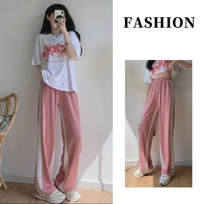 Summer Thin High Waist Loose Fashion Ice Sports Pants Women's Color Blocking Pocket Drawstring Wide Leg Casual Straight Trousers